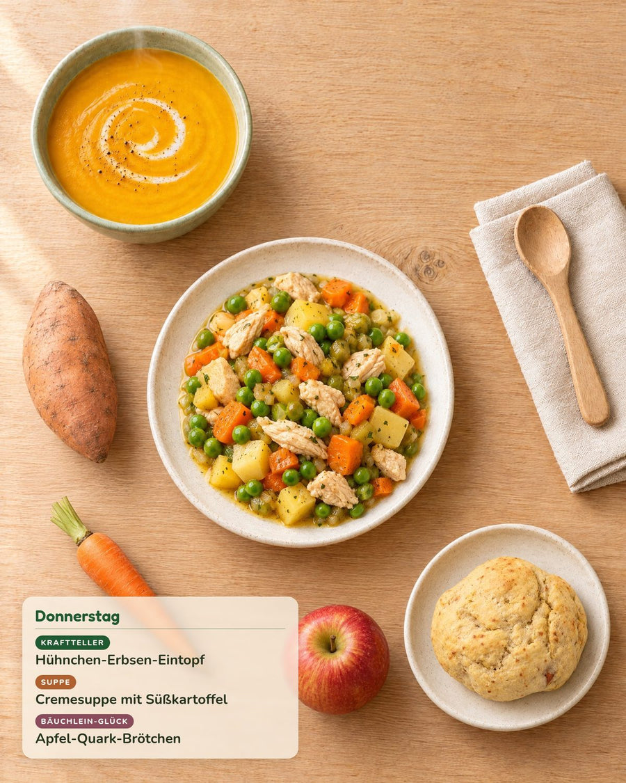 Donnerstag: Hähnchen-Erbsen-Eintopf, Cremesuppe mit Süßkartoffel, Apfel-Quark-Brötchen