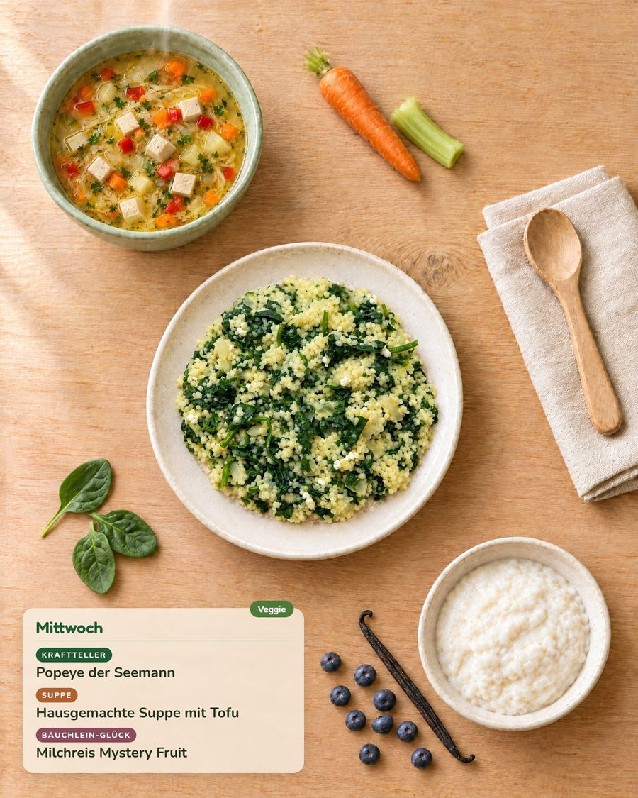 Mittwoch: Popeye der Seemann, Hausgemachte Suppe mit Tofu, Milchreis Mystery Fruit