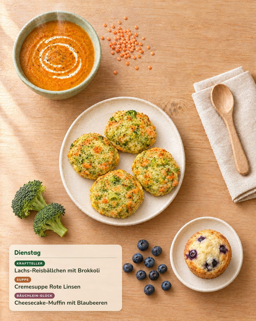 Dienstag: Lachs-Reisbällchen mit Brokkoli, Cremesuppe Rote Linsen, Cheesecake-Muffin mit Blaubeeren