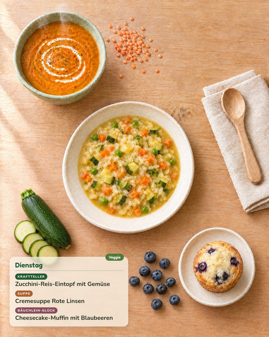 Dienstag: Zucchini-Reis-Eintopf mit Gemüse, Cremesuppe Rote Linsen, Cheesecake-Muffin mit Blaubeeren