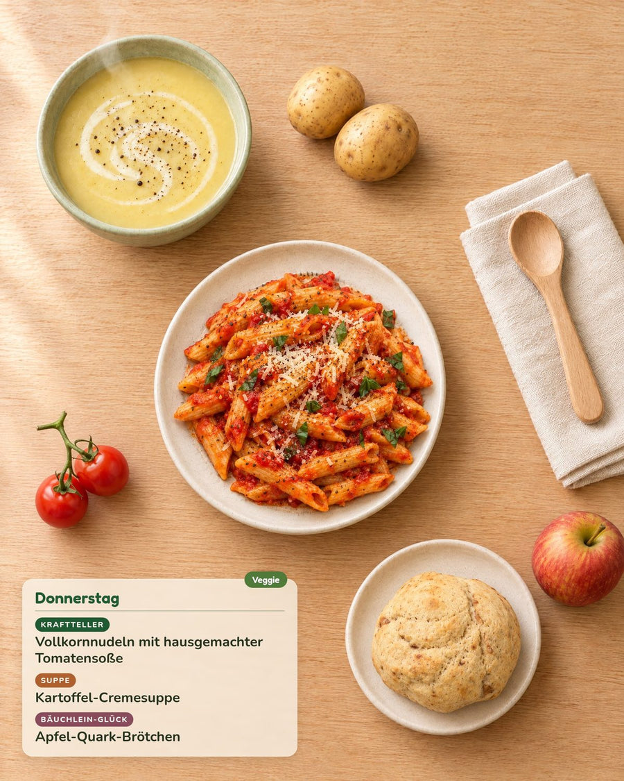 Donnerstag: Vollkornnudeln mit hausgemachter Tomatensoße, Kartoffel-Cremesuppe, Apfel-Quark-Brötchen