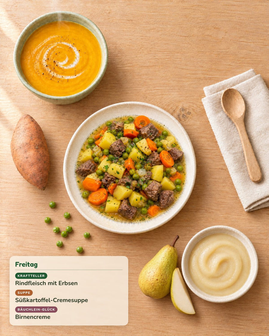 Freitag: Rindfleisch mit Erbsen, Süßkartoffel-Cremesuppe, Birnencreme