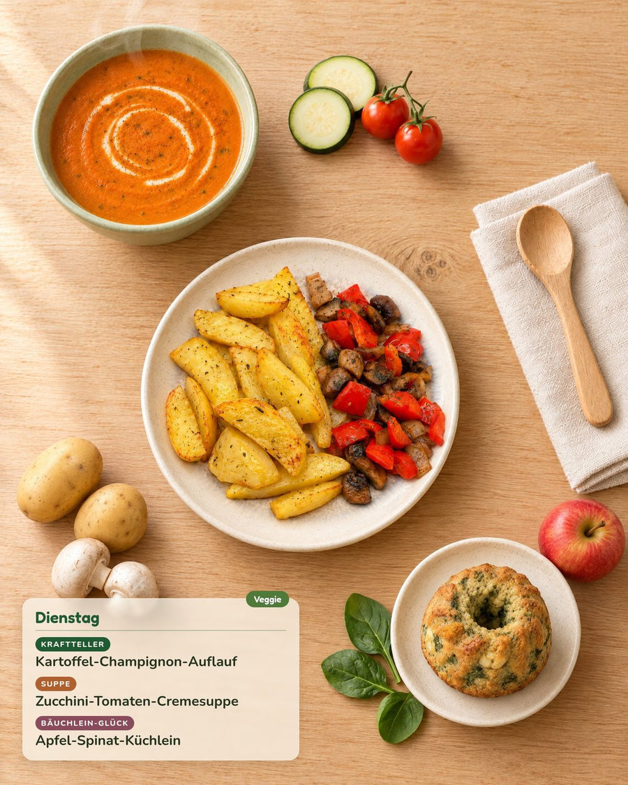 Dienstag: Kartoffel-Champignon-Auflauf, Zucchini-Tomaten-Cremesuppe, Apfel-Spinat-Küchlein