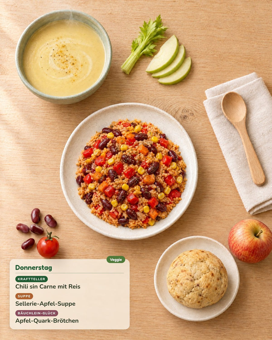 Donnerstag: Chili sin Carne mit Reis, Sellerie-Apfel-Suppe, Apfel-Quark-Brötchen