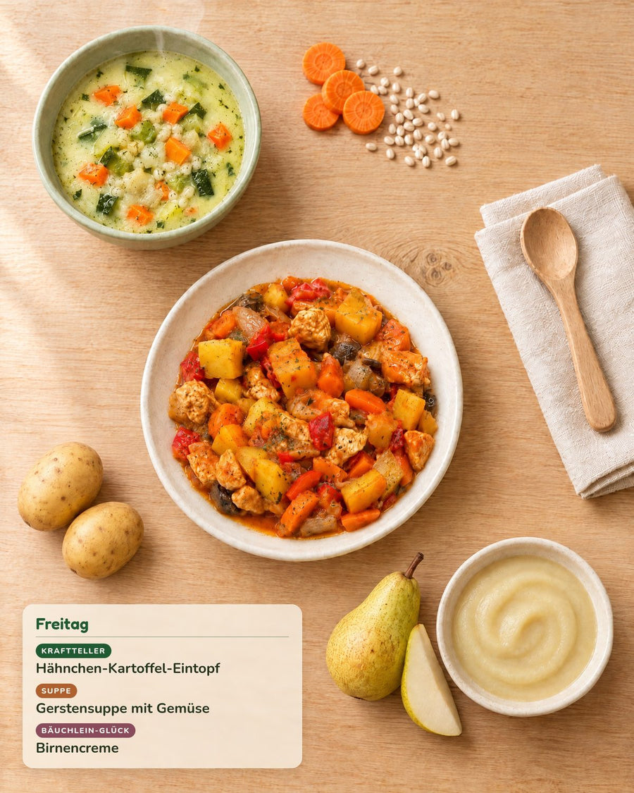 Freitag: Hähnchen-Kartoffel-Eintopf, Gerstensuppe mit Gemüse, Birnencreme