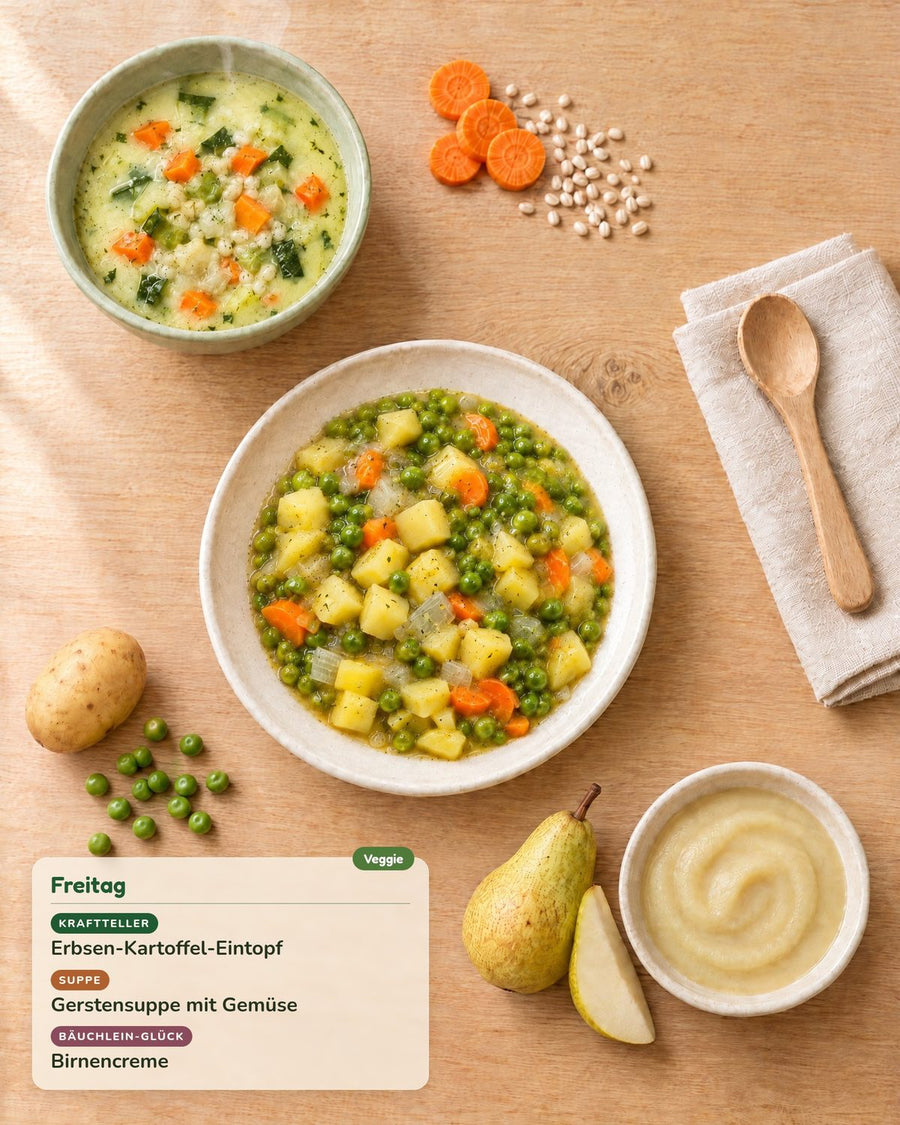 Freitag: Erbsen-Kartoffel-Eintopf, Gerstensuppe mit Gemüse, Birnencreme