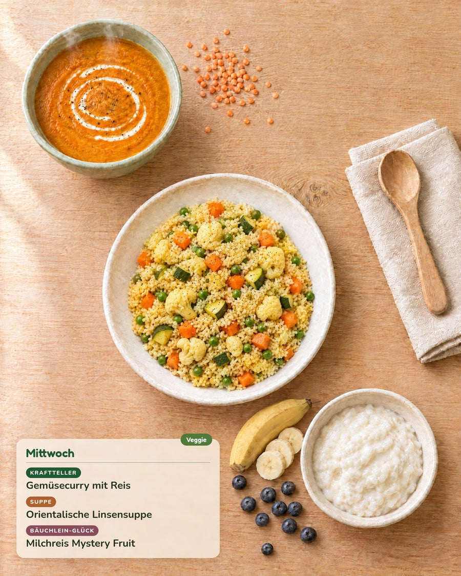 Mittwoch: Gemüsecurry mit Reis, Orientalische Linsensuppe, Milchreis Mystery Fruit