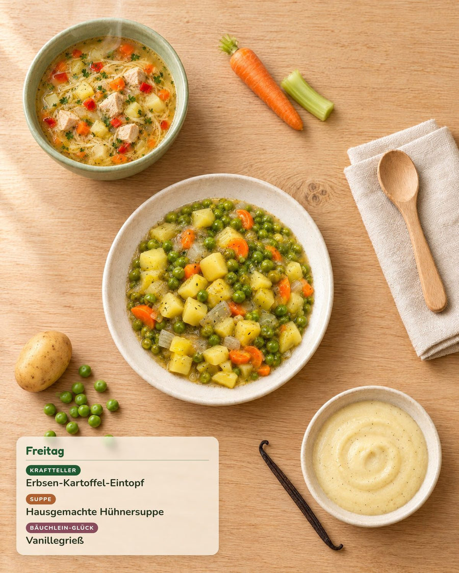Freitag: Erbsen-Kartoffel-Eintopf, Hausgemachte Hühnersuppe, Vanillegrieß