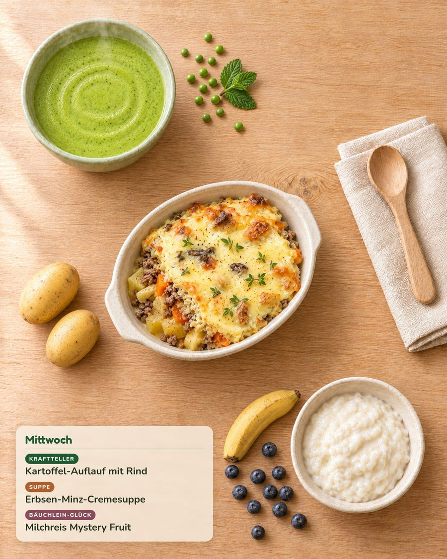 Mittwoch: Kartoffel-Auflauf mit Rind, Erbsen-Minz-Cremesuppe, Milchreis Mystery Fruit