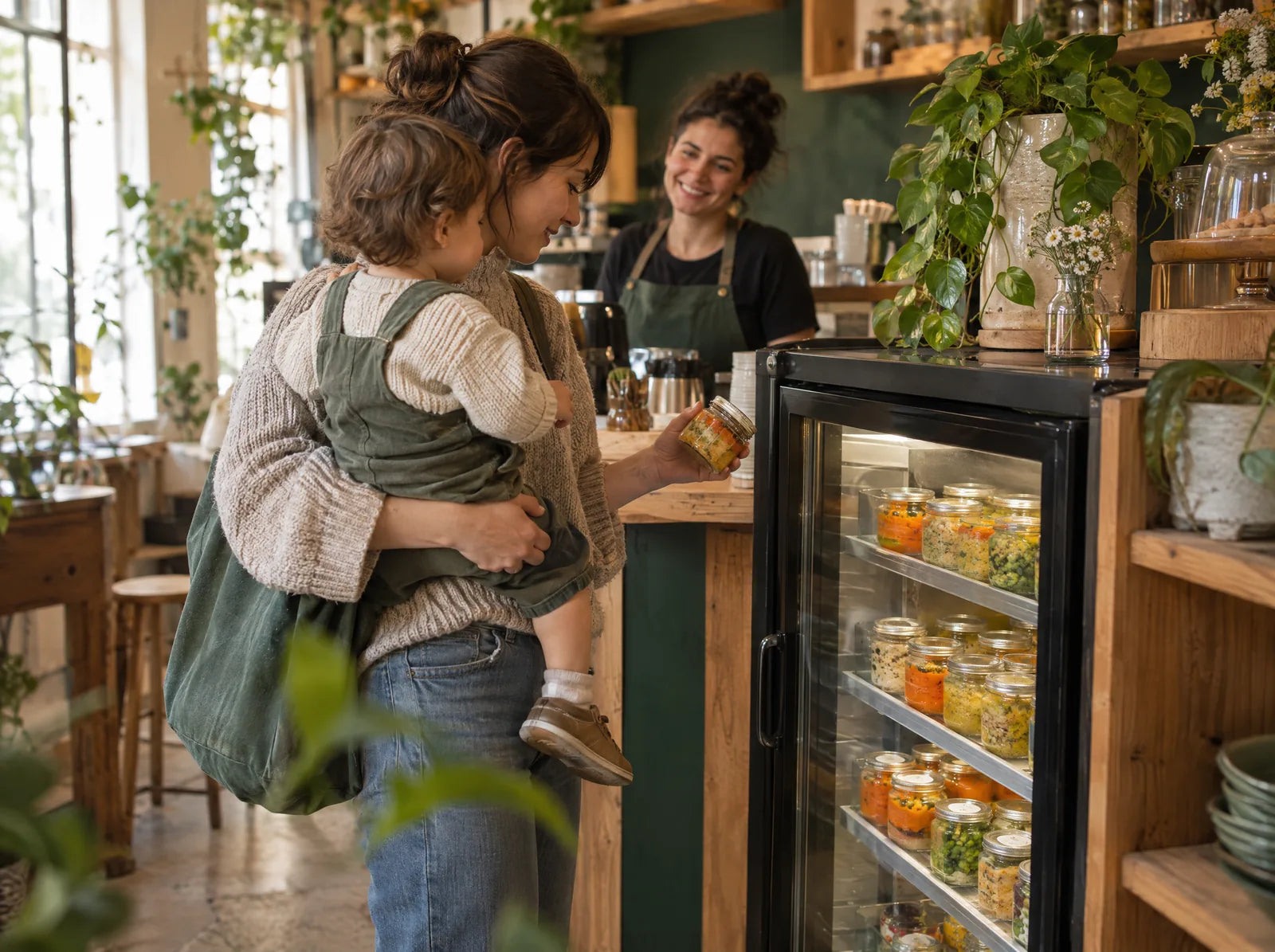Café-Theke mit Kühlschrank als Abholstation für Bio-Kindermahlzeiten