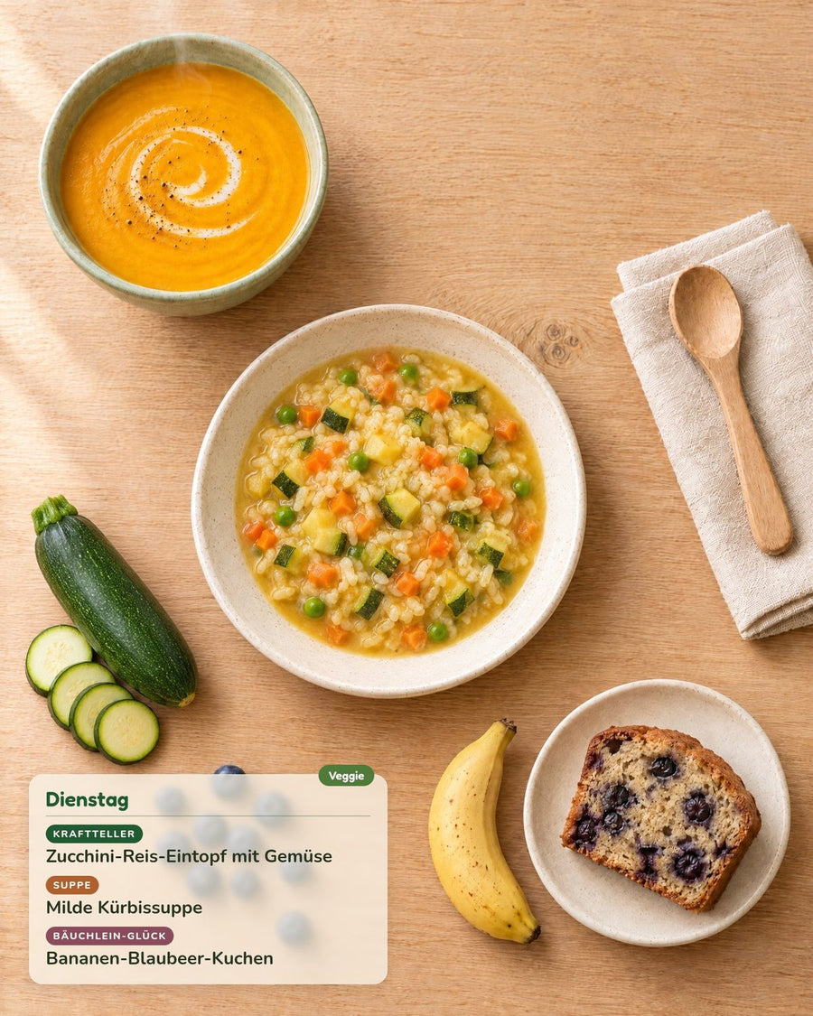 Dienstag: Zucchini-Reis-Eintopf mit Gemüse, Milde Kürbissuppe, Bananen-Blaubeer-Kuchen
