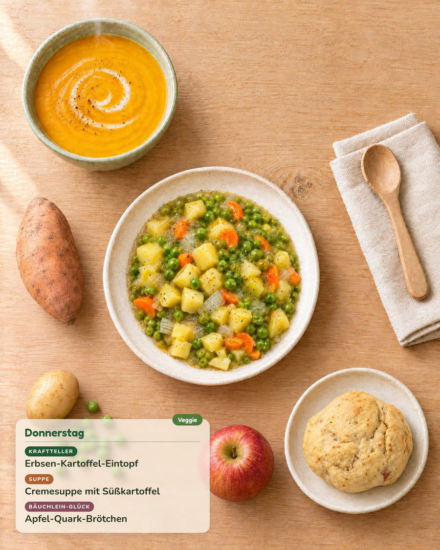 Donnerstag: Erbsen-Kartoffel-Eintopf, Cremesuppe mit Süßkartoffel, Apfel-Quark-Brötchen