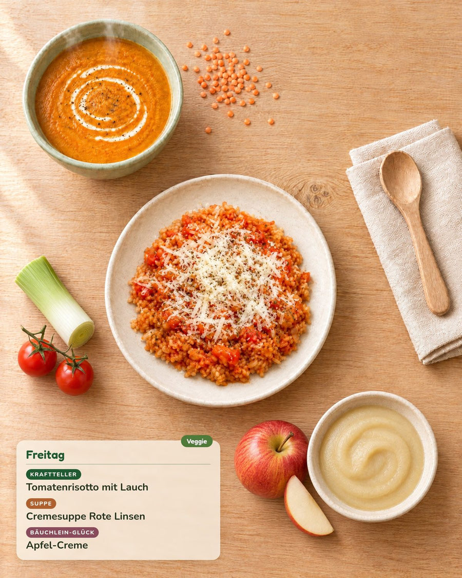 Freitag: Tomatenrisotto mit Lauch, Cremesuppe Rote Linsen, Apfel-Creme
