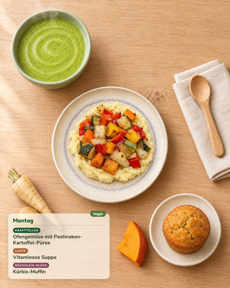 Montag: Ofengemüse mit Pastinaken-Kartoffel-Püree, Vitaminose Suppe, Kürbis-Muffin