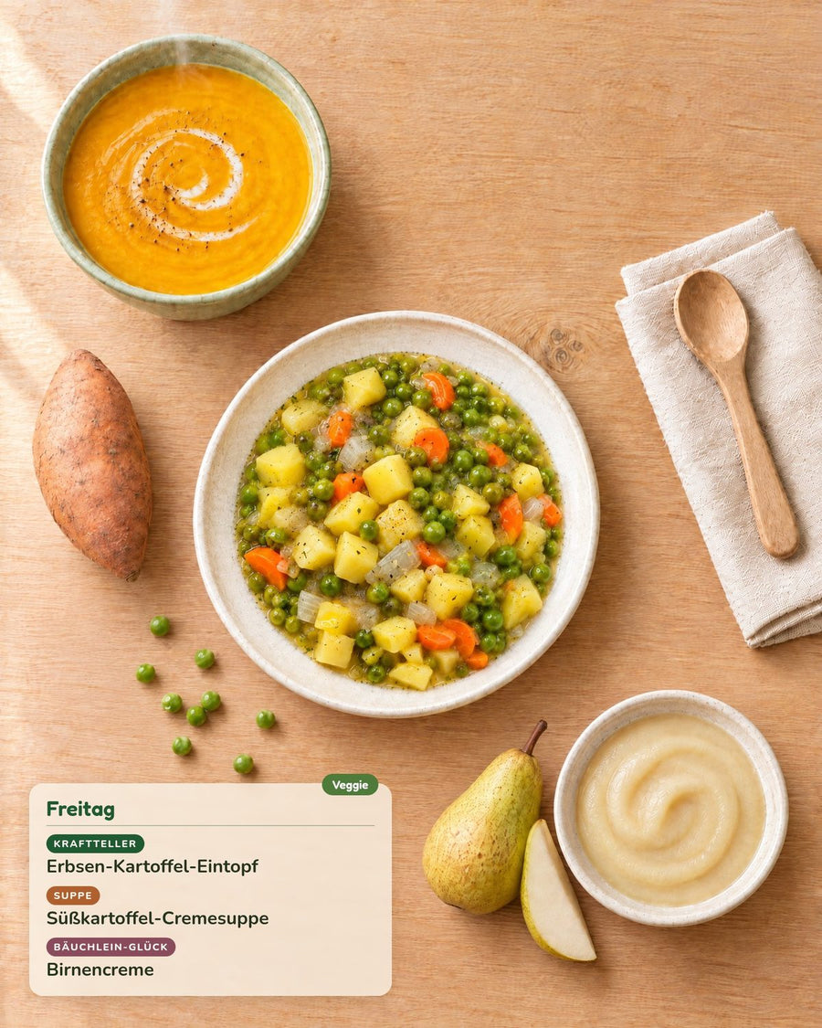 Freitag: Erbsen-Kartoffel-Eintopf, Süßkartoffel-Cremesuppe, Birnencreme