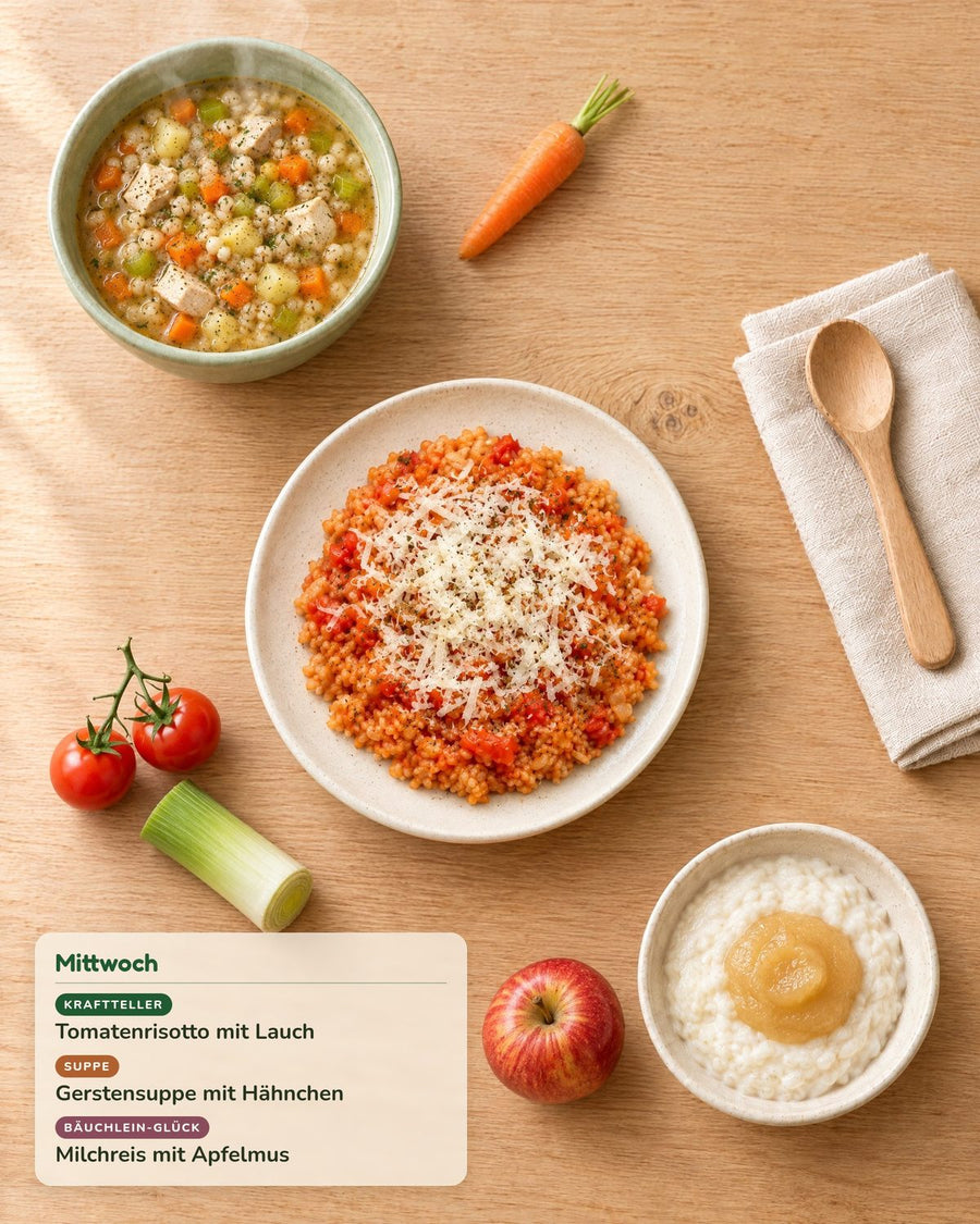 Mittwoch: Tomatenrisotto mit Lauch, Gerstensuppe mit Hähnchen, Milchreis mit Apfelmus