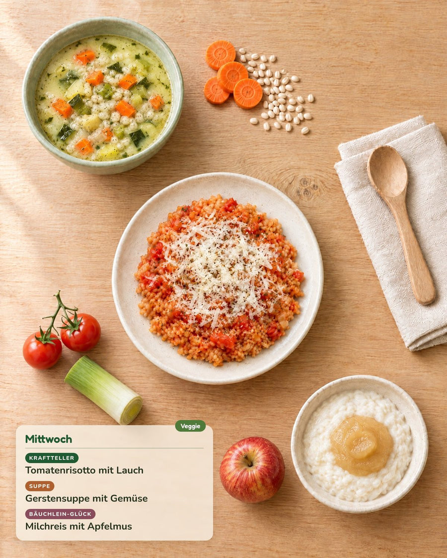 Mittwoch: Tomatenrisotto mit Lauch, Gerstensuppe mit Gemüse, Milchreis mit Apfelmus