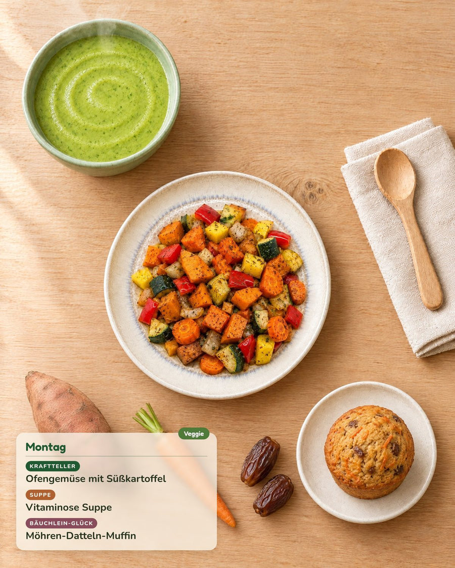 Montag: Ofengemüse mit Süßkartoffel, Vitaminose Suppe, Möhren-Datteln-Muffin