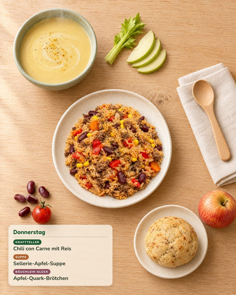 Donnerstag: Chili con Carne mit Reis, Sellerie-Apfel-Suppe, Apfel-Quark-Brötchen