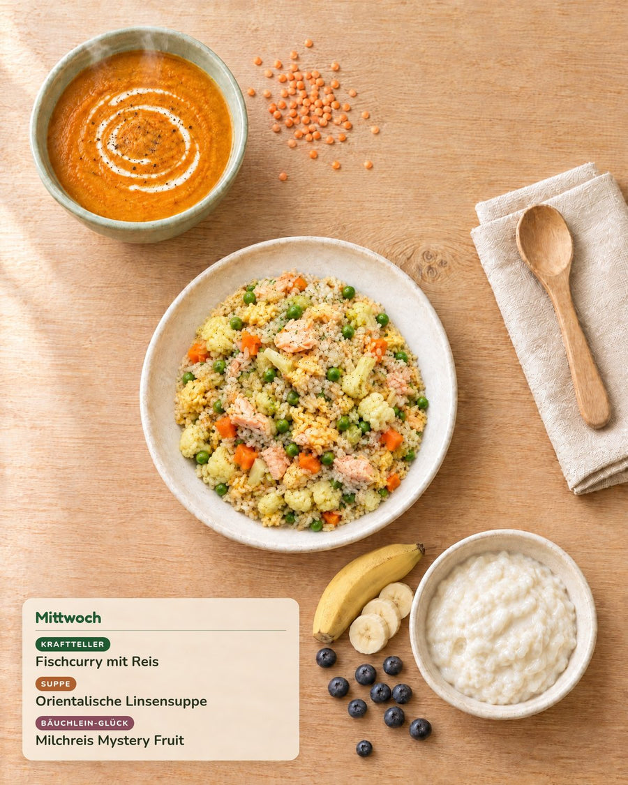 Mittwoch: Fischcurry mit Reis, Orientalische Linsensuppe, Milchreis Mystery Fruit