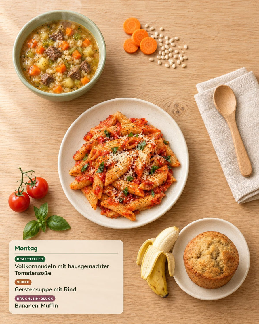Montag: Vollkornnudeln mit hausgemachter Tomatensoße, Gerstensuppe mit Rind, Bananen-Muffin