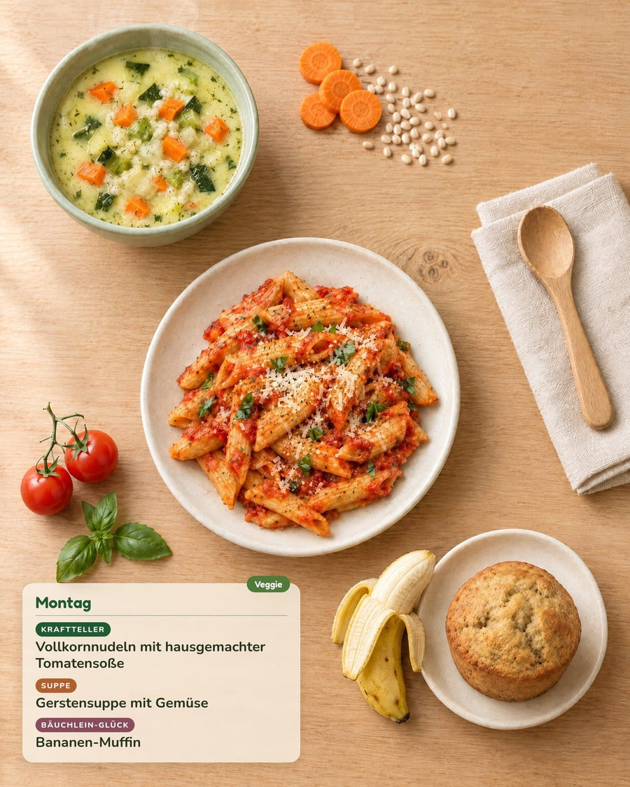 Montag: Vollkornnudeln mit hausgemachter Tomatensoße, Gerstensuppe mit Gemüse, Bananen-Muffin