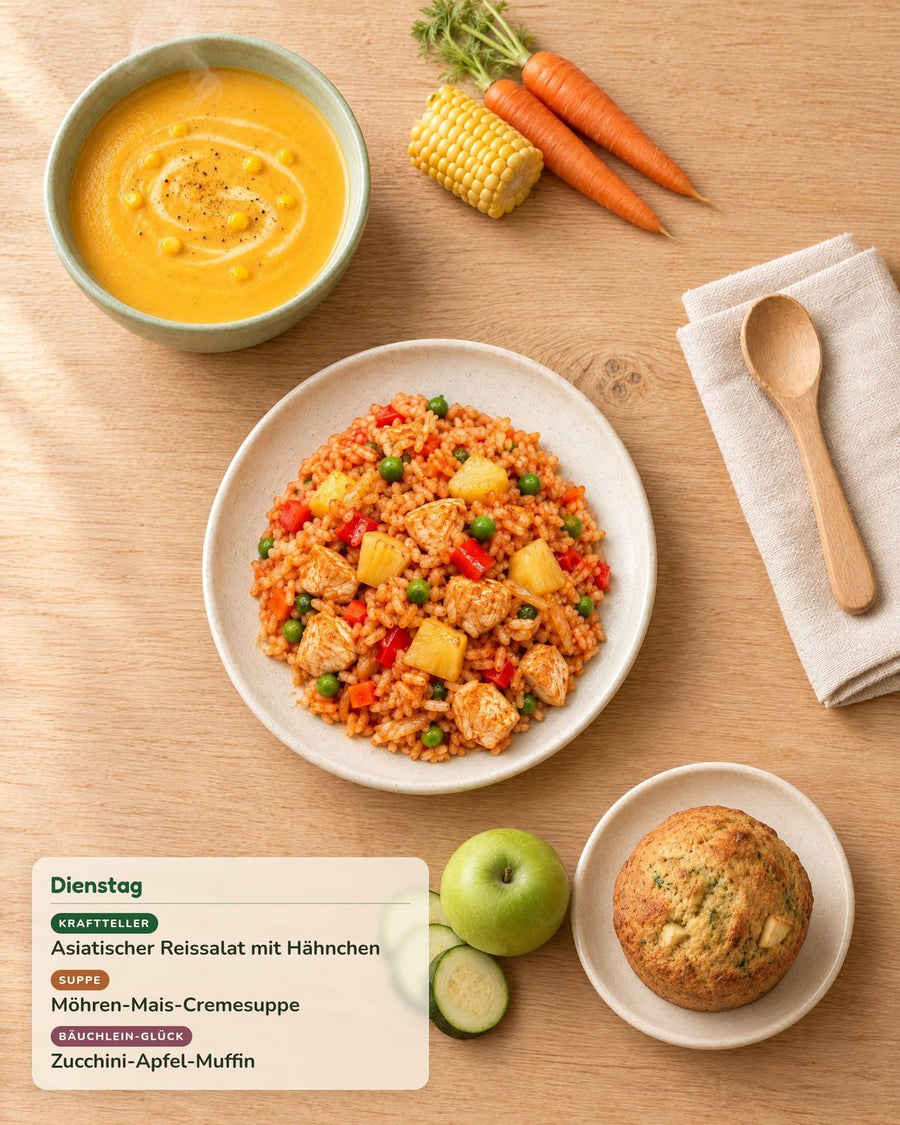Dienstag: Asiatischer Reissalat mit Hähnchen, Möhren-Mais-Cremesuppe, Zucchini-Apfel-Muffin