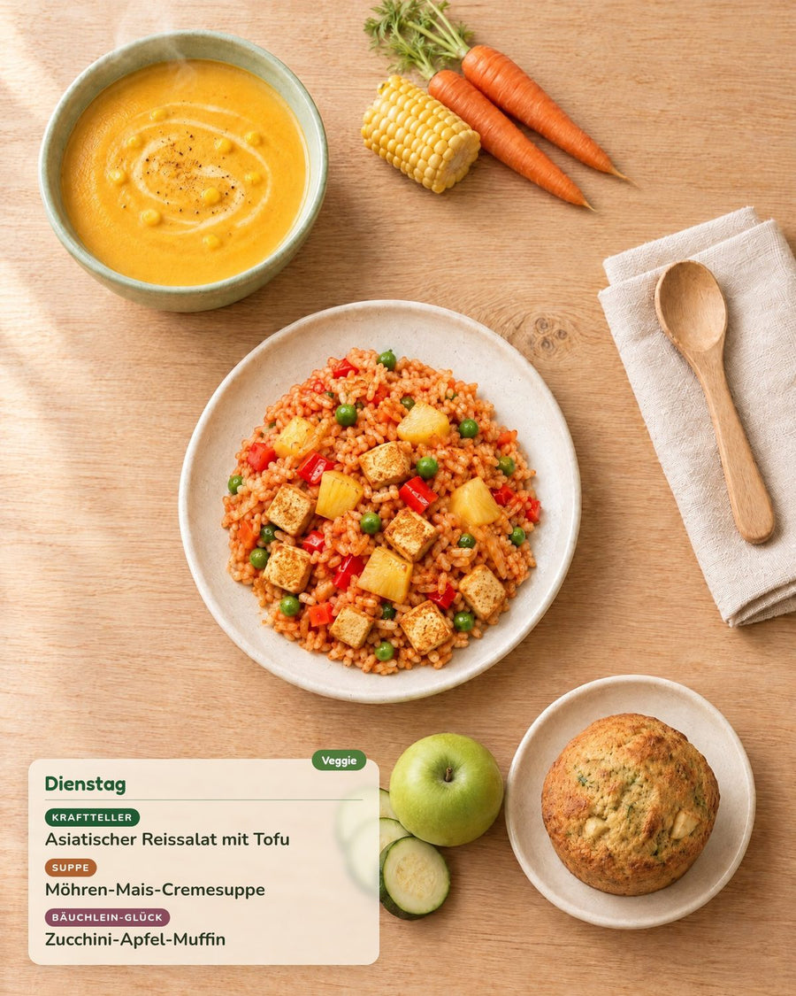 Dienstag: Asiatischer Reissalat mit Tofu, Möhren-Mais-Cremesuppe, Zucchini-Apfel-Muffin