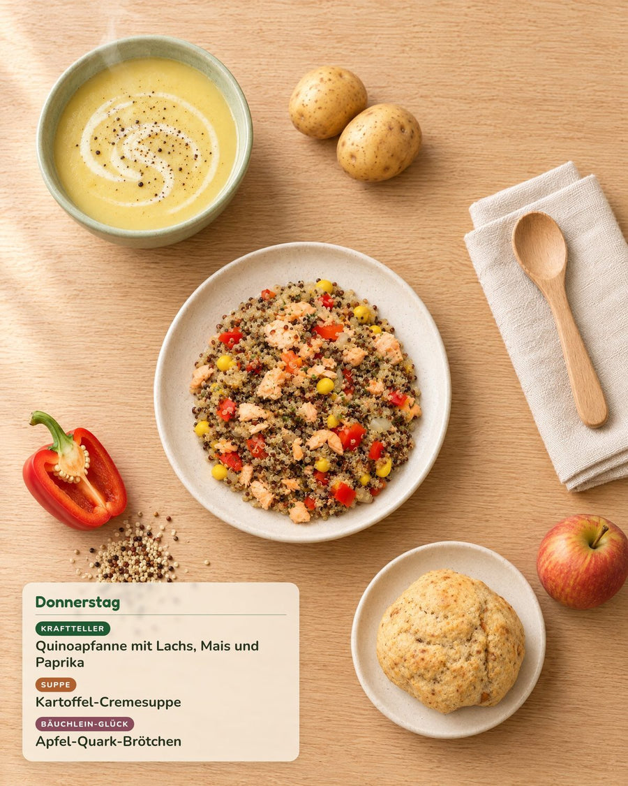 Donnerstag: Quinoapfanne mit Lachs, Mais und Paprika, Kartoffel-Cremesuppe, Apfel-Quark-Brötchen