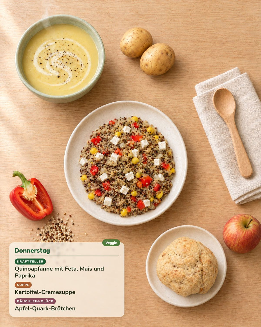 Donnerstag: Quinoapfanne mit Feta, Mais und Paprika, Kartoffel-Cremesuppe, Apfel-Quark-Brötchen
