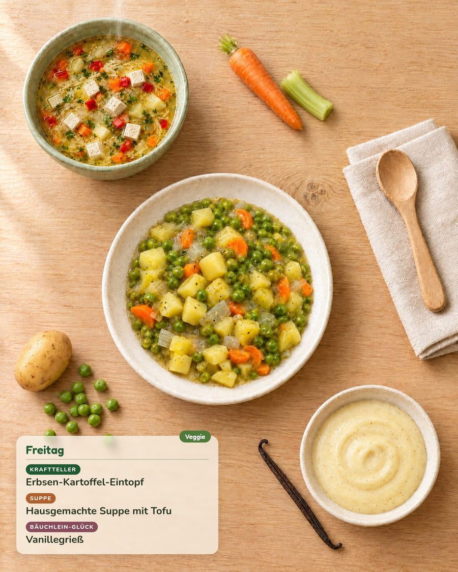 Freitag: Erbsen-Kartoffel-Eintopf, Hausgemachte Suppe mit Tofu, Vanillegrieß