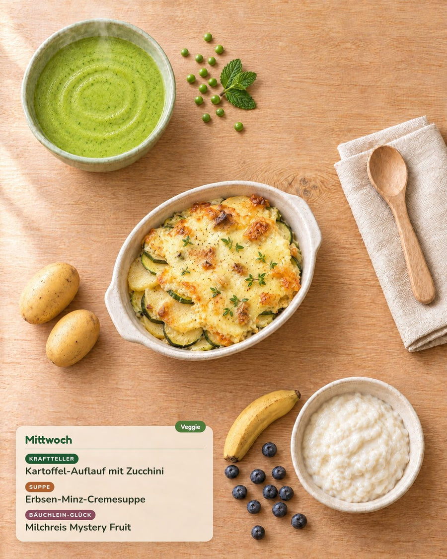 Mittwoch: Kartoffel-Auflauf mit Zucchini, Erbsen-Minz-Cremesuppe, Milchreis Mystery Fruit