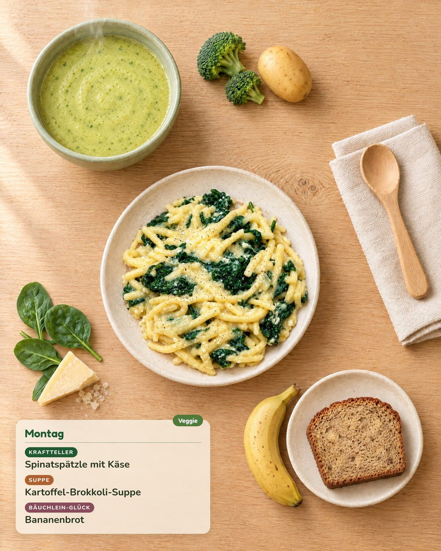 Montag: Spinatspätzle mit Käse, Kartoffel-Brokkoli-Suppe, Bananenbrot