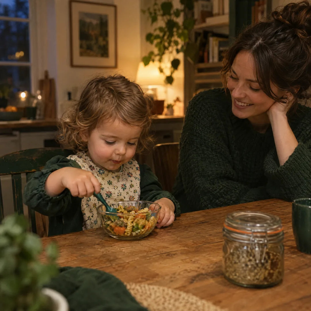 Kleinkind isst abends eine frische Mahlzeit am Familientisch