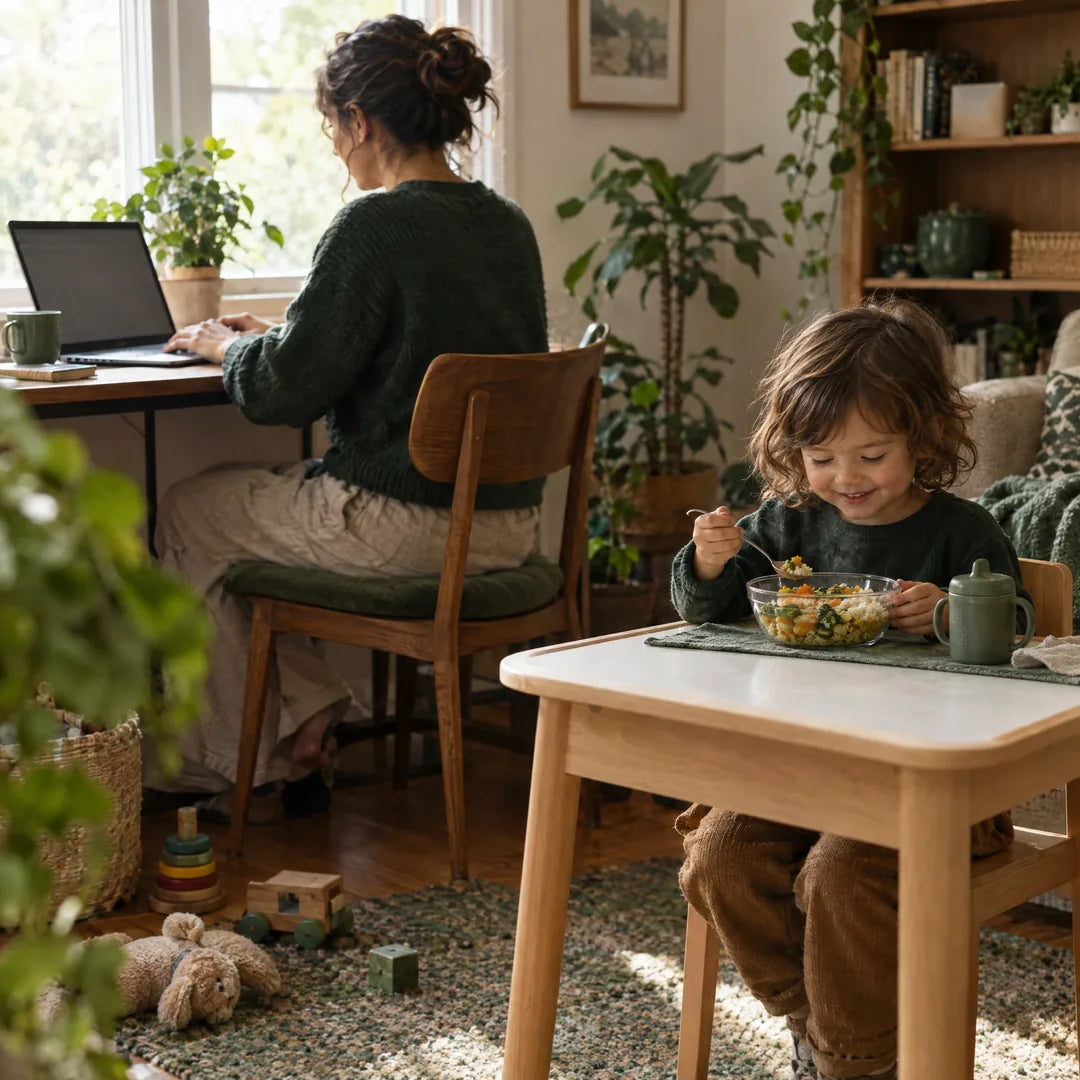 Kind isst zu Hause Mittag, während ein Elternteil im Homeoffice arbeitet