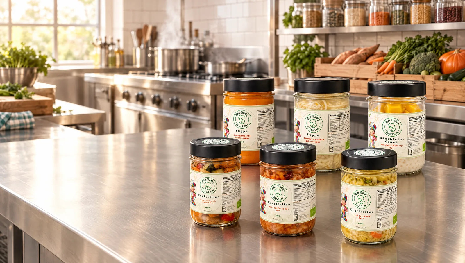 Bio-zertifizierte Küche von Bio Baby Kitchen mit Gläsern und frischem Gemüse